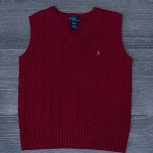 Polo Ralph Lauren Kids V-Neck Sweater Vest Red Cable Knit Size S 8 10